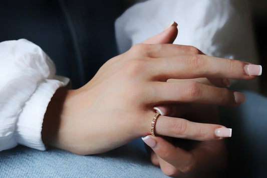 Gold Vermeil CZ Eternity Band with dainty pave setting, minimalist stacking ring with sparkling cubic zirconia.