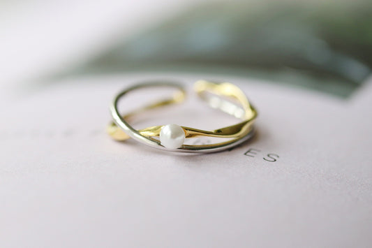 Sterling Silver & Gold Vermeil Mixed Pearl Adjustable Ring with a hollow cross design, perfect for layering or wearing solo.