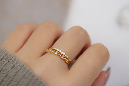 Gold Vermeil Marquise CZ Band with vintage-inspired marquise-shaped CZ stones, dainty eternity stacking ring.