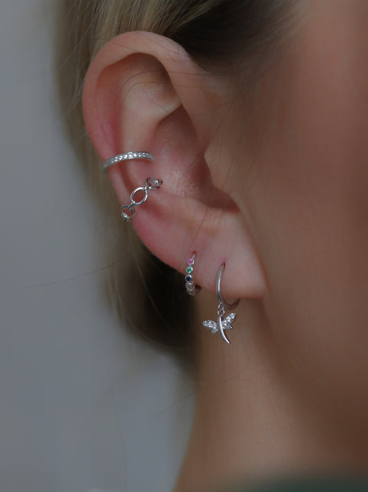 Sterling Silver/Gold Vermeil Dragonfly Dangle Hoop Earrings featuring delicate dragonfly charm, perfect for a nature-inspired, minimalist style.