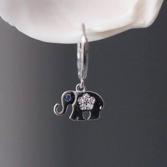 Sterling Silver/Gold Vermeil Elephant Charm Hoop Earrings with Crystal Accents, featuring a delicate elephant charm adorned with sparkling crystals.