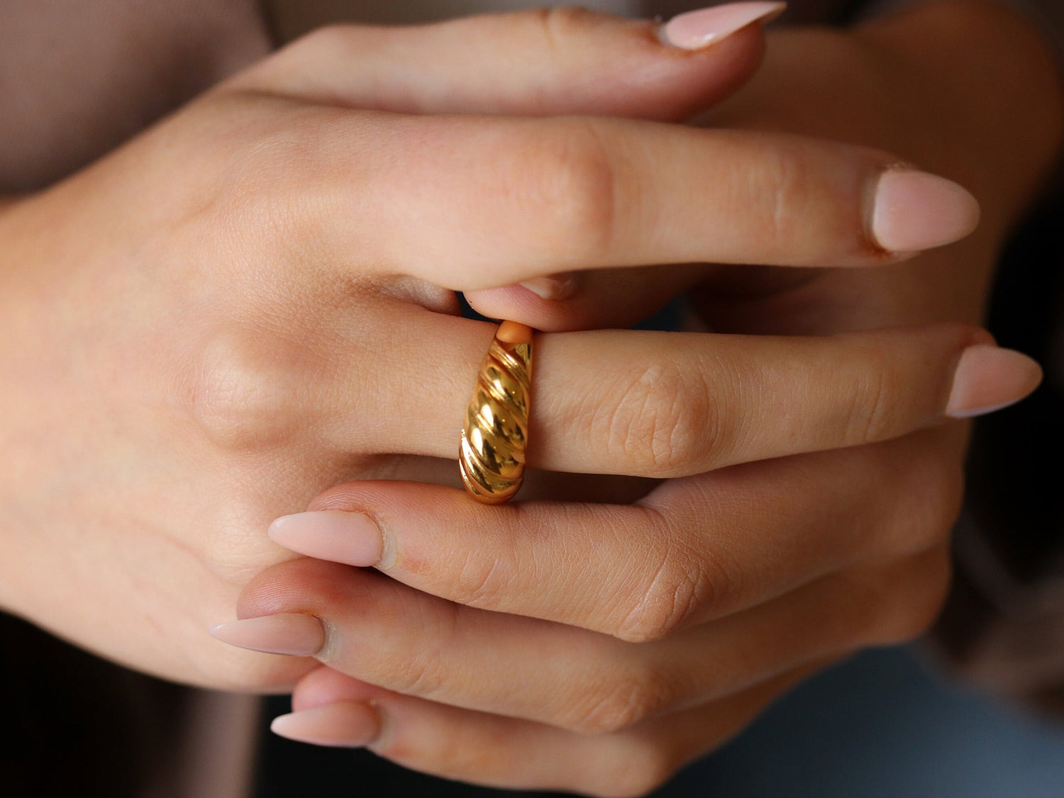 Gold Dome Croissant Ring Titanium With 18K Gold Plated, Chunky Signet Ring, Gold Thick Twist Ring, Signet Bubble Stackable Statement Ring