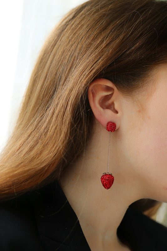 Red rhinestone strawberry drop earrings, Statement Red Earrings, Long Drop Earrings, Strawberry Dangle Earrings, Red Christmas Party Earring
