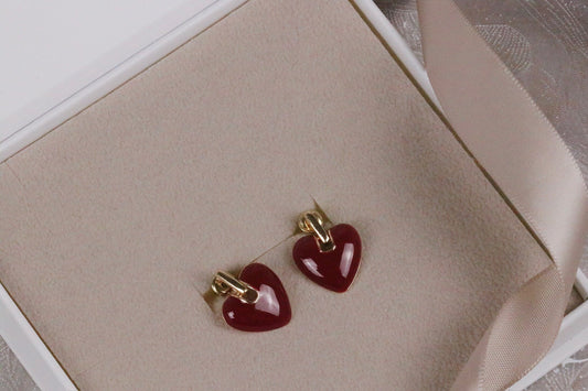 Gold Red Love Heart Drop Earrings, Mother's Day Gift, Minimalist Drop Earrings, Anniversary Gift for Her, Quirky Earrings, Mum Earrings